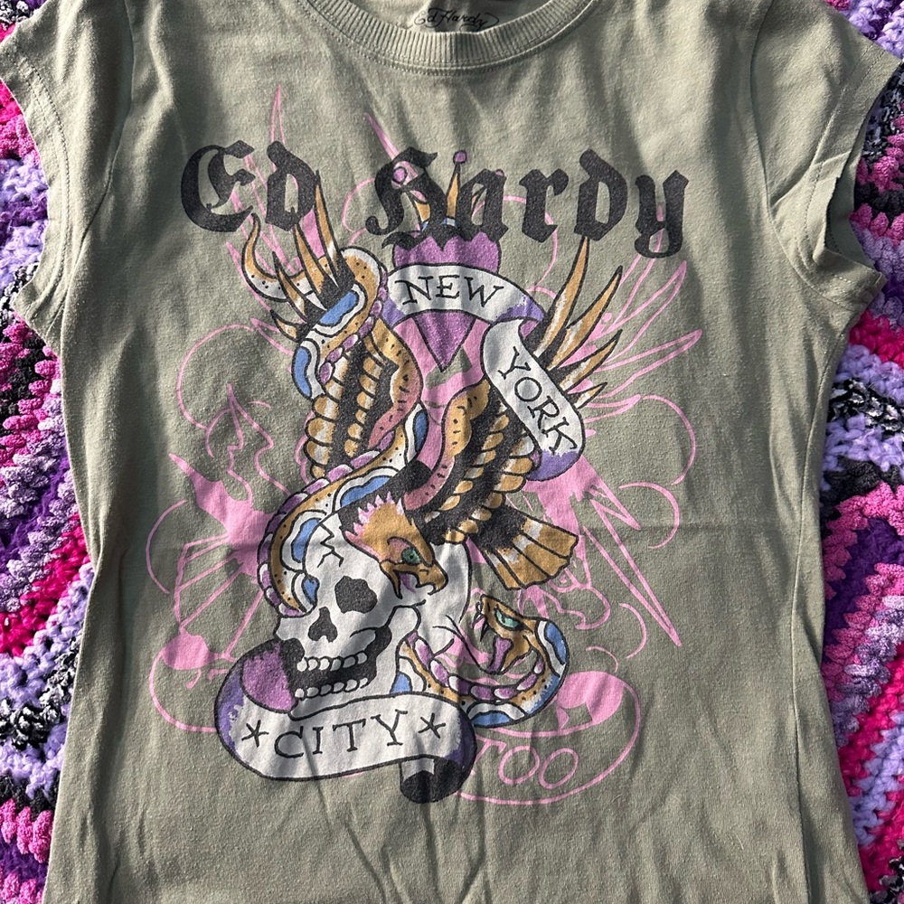 Ed Hardy Olive Tee with Skull and Wings
